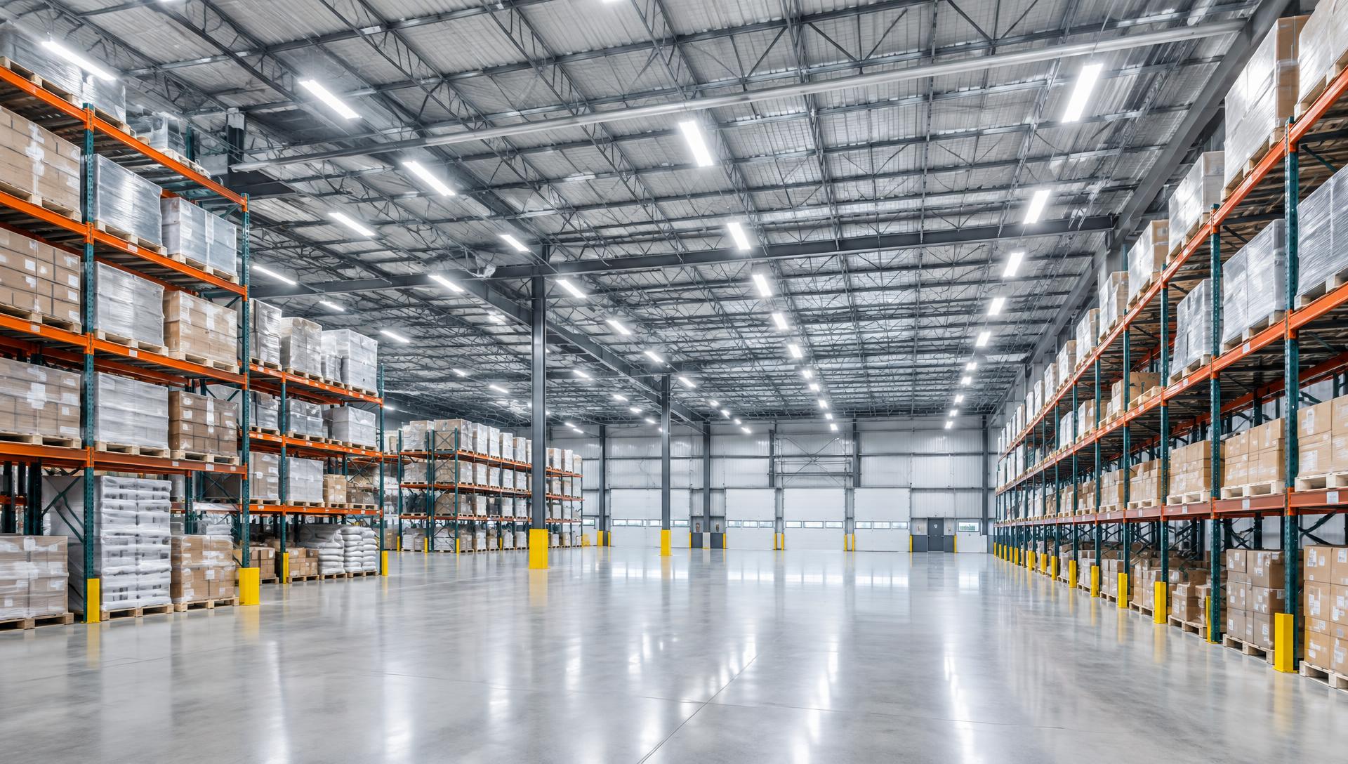 Modern industrial warehouse illuminated by LED high-bay lighting